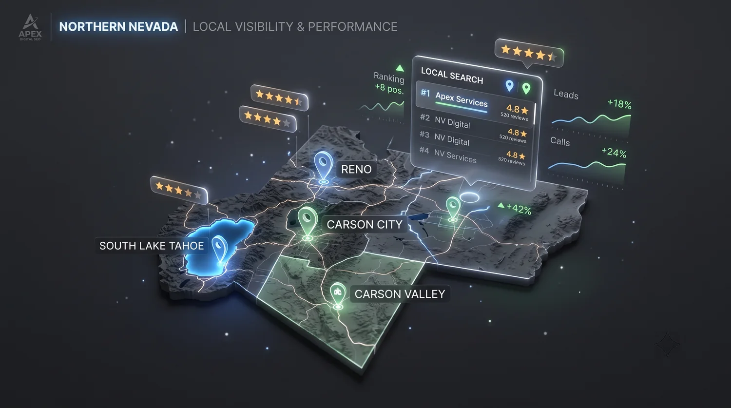 Northern Nevada local visibility and performance map covering Reno, Lake Tahoe, Carson City, Gardnerville, Minden, and Carson Valley